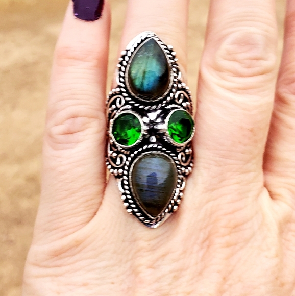 New Oversized Labradorite & Peridot 925 Silver Statement Ring. - Picture 2 of 16